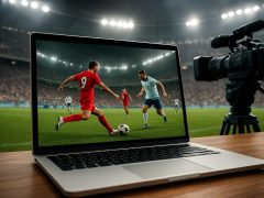 A laptop displaying a soccer match happening on the field, with a camera in the background