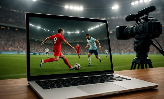 A laptop displaying a soccer match happening on the field, with a camera in the background